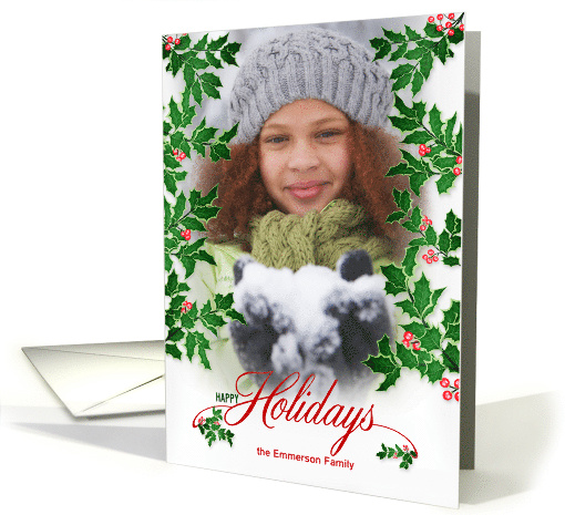 Happy Holidays Holly and Berries Vertical Family Photo card (1543384)