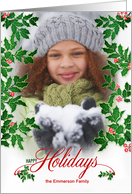 Happy Holidays Holly and Berries Vertical Family Photo card