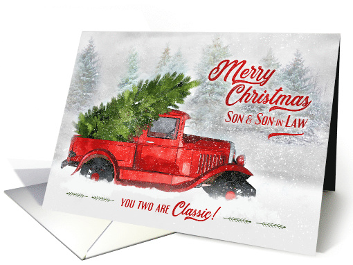 for Son and Son in Law Vintage Classic Truck Christmas Watercolor card