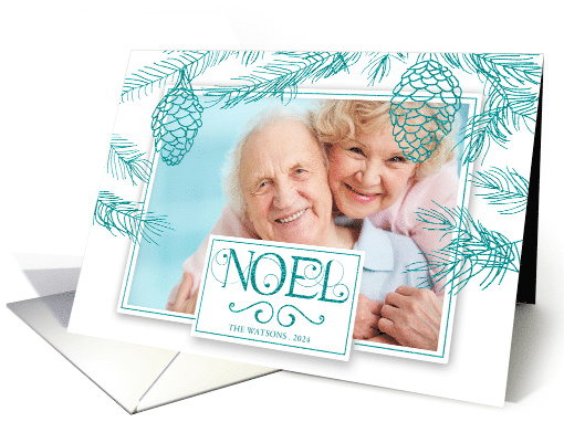 Teal Pines Christmas Photo with Noel Typography card (1543908)