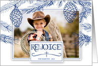 Blue Pines Christmas Photo with Rejoice and Christian Cross card