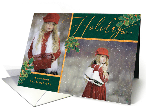 Holiday Cheer Green and Gold Holly Family 2 Photos card (1545242)