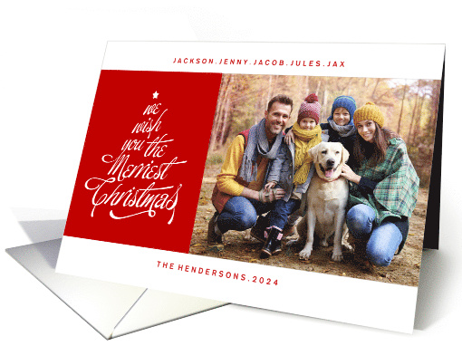 Merriest Christmas Red and White Custom Photo with Names card