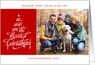 Merriest Christmas Red and White Custom Photo with Names card