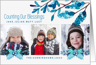 Counting Blessings Botanical Winter Blues 3 Photo Custom Christmas card