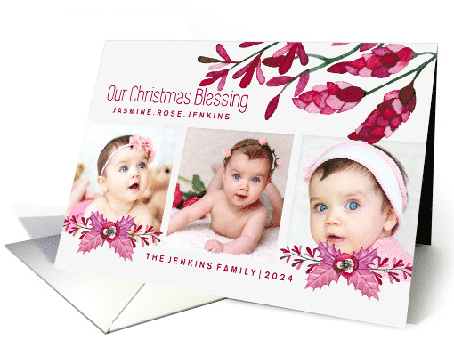 Christmas Blessing Botanical Shades of Pink 3 Photo Custom card