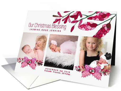 Christmas Blessing Birth Announcement Botanical Pink 3 Photo card
