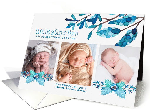 Unto Us a Son is Born Birth Announcement Botanical Blue 3 Photo card