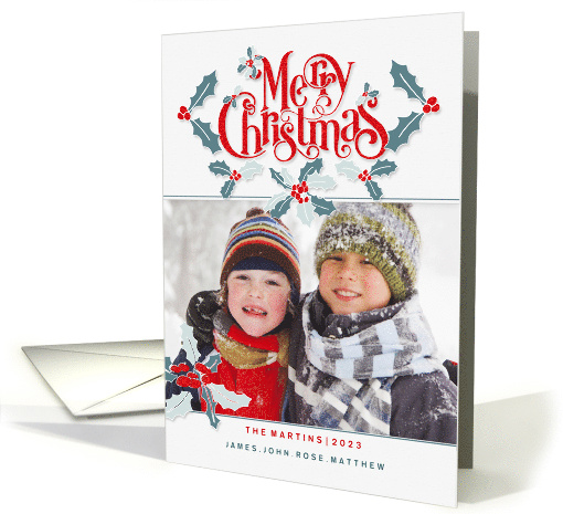 Merry Christmas Retro Themed Holly and Berries with Photo card