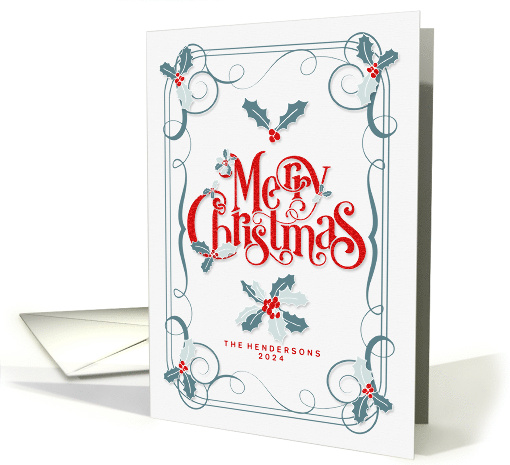 Merry Christmas Retro Themed Holly and Berries with Custom Text card