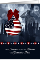 for Veterans Military Christmas American Flag with Soldier and Skyline card