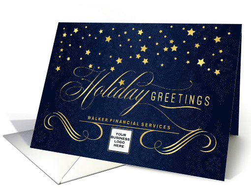 Square Business Logo Holiday Greetings Faux Gold Leaf Navy Custom card