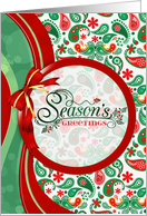 Season’s Greetings Red and Green Paisley Pattern card