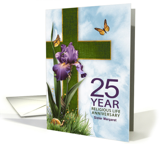 for Nun 25th Religious Life Anniversary Purple Iris and Cross card