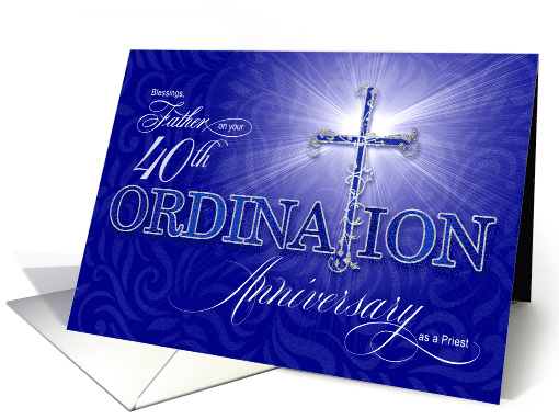 for Priest 40th Ordination Anniversary Blue Christian Cross card