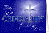 for Priest 50th Ordination Golden Anniversary Blue Christian Cross card