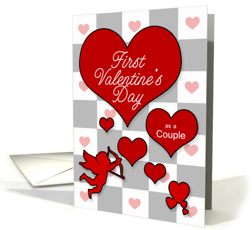 1st Valentine's Day as a Couple Scattered Red Hearts with Cupid card