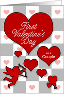 1st Valentine’s Day as a Couple Scattered Red Hearts with Cupid card