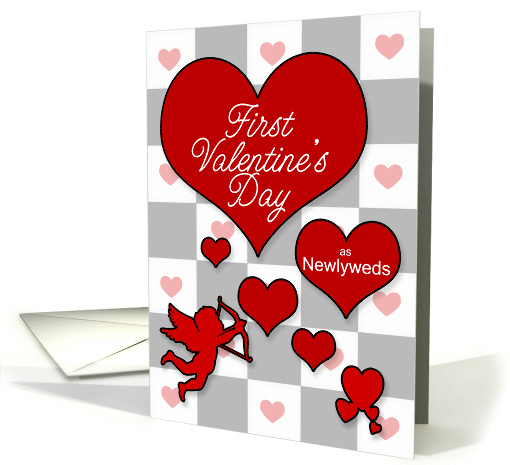 1st Valentine's Day as Newlyweds Scattered Red Hearts with Cupid card