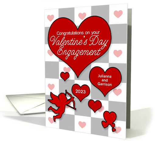 Valentine's Day Engagement Scattered Red Hearts with Cupid Custom card