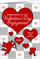Valentine’s Day Engagement Scattered Red Hearts with Cupid Custom card