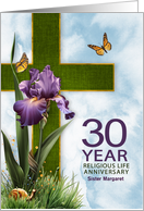 for Nun 30th Religious Life Anniversary Purple Iris and Cross Custom card