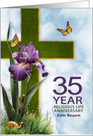 for Nun 35th Religious Life Anniversary Purple Iris and Cross Custom card