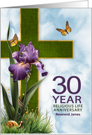 30th Religious Life Anniversary Purple Iris and Cross Custom card