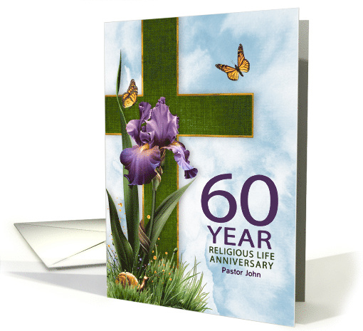 60th Religious Life Anniversary Purple Iris and Cross Custom card