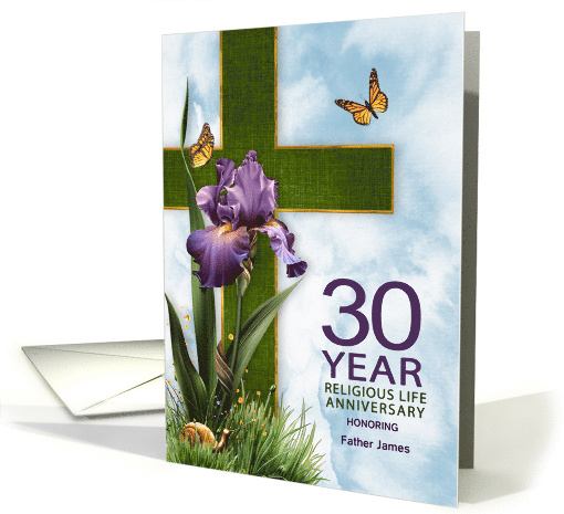 30th Religious Life Anniversary Purple Iris and Cross Custom card