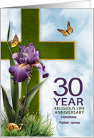 30th Religious Life Anniversary Purple Iris and Cross Custom card