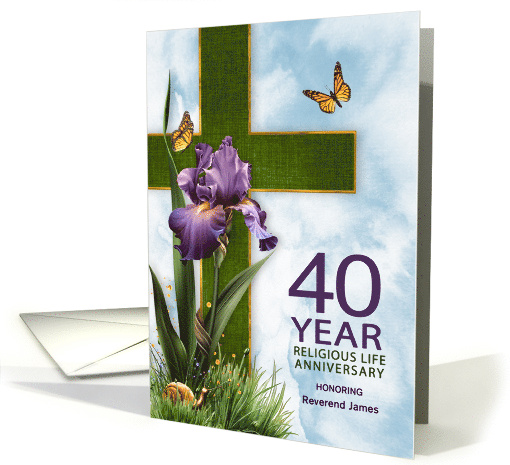 40th Religious Life Anniversary Purple Iris and Cross Custom card