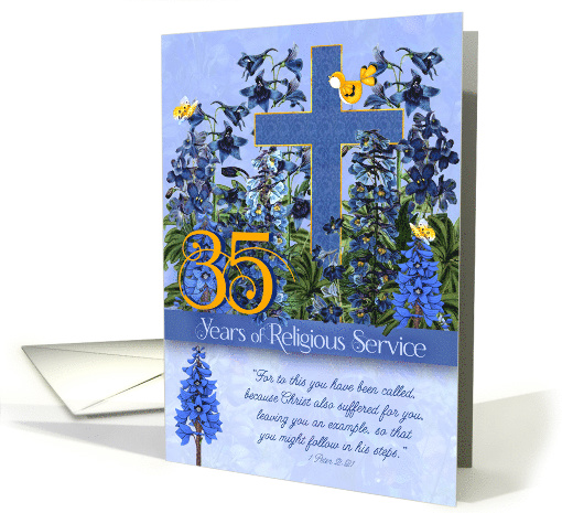 35 Years of Religious Service Larkspur Garden 1 Peter 2:21 card