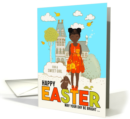 for Young Girl on Easter African American Child with Brown Bunny card