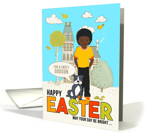 for Young Godson on Easter African American Boy with Dog card