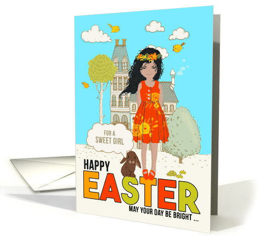 for Young Girl on Easter Asian American Child with Brown Bunny card