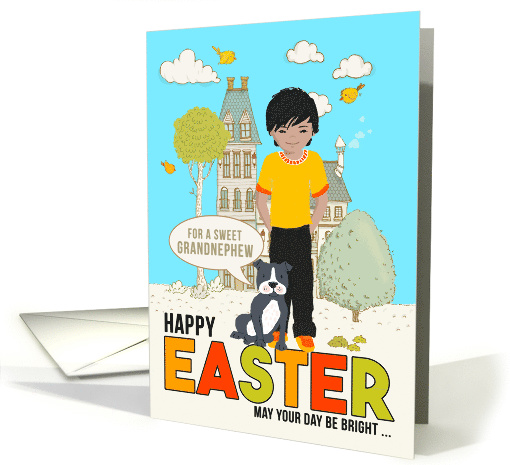 for Young Grandnephew on Easter Asian American Boy with Dog card
