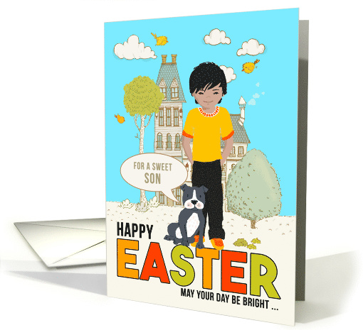 for Young Son on Easter Asian American Boy with Dog card (1561410)