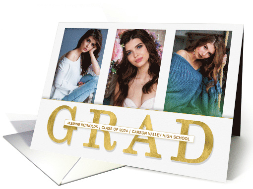 Graduation Announcement Faux Gold Leaf 3 Photo card (1563868)