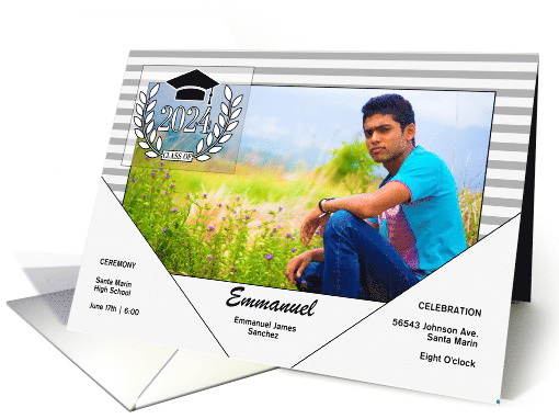 Graduation Announcement Modern Grayscale with Stripes Photo card