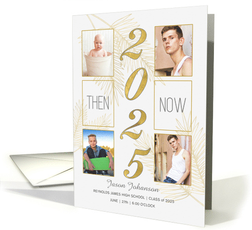 Graduation Announcement Then and Now 4-Photo Gold and White card