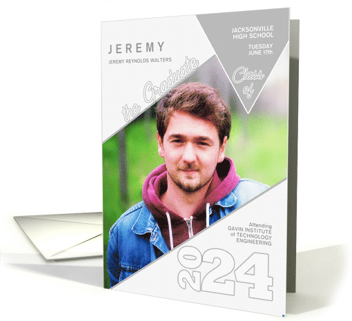 Graduation Announcement Geometric Shapes Gray and White Photo card