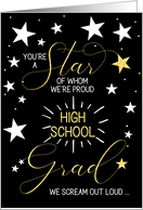 High School Graduation Black Gold and White Stars Typography Theme card
