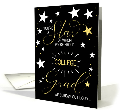 College Graduation Black Gold and White Stars Typography Theme card