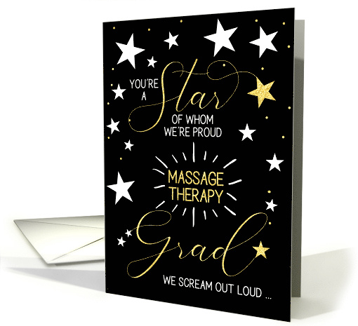 Massage Therapist Graduate Black Gold and White Stars Typography card