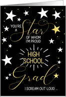High School Graduation Black Gold and White Stars Typography Theme card