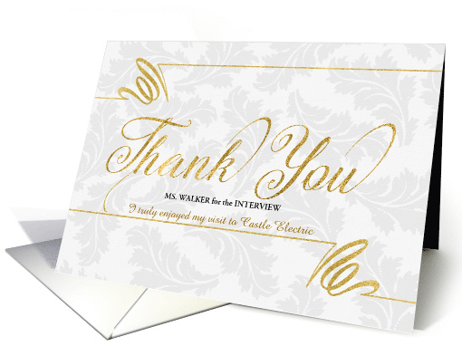 Interview Thank You Faux Gold Leaf on Silvery Damask Blank card