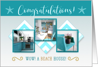 A Beach House New Home Congratulations Blue and Gold card