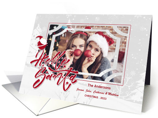Hello Santa Red and White Christmas Horizontal Photo Custom Name card