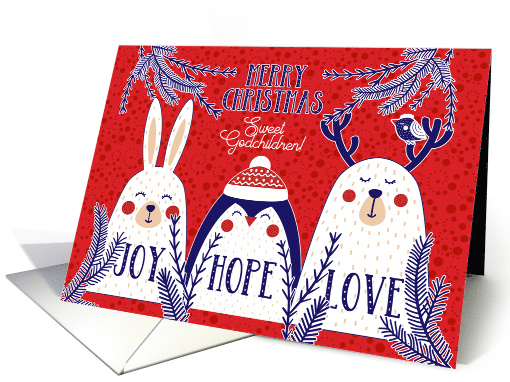 for Godchildren Christmas Woodland Creatures Red Blue White card